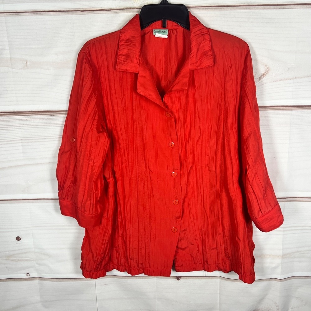 Sara Morgan Top Womens Large Orange Crinkle Blouse Button‎ Up Tab Sleeve Solid